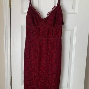 Red, lace, cocktail dress